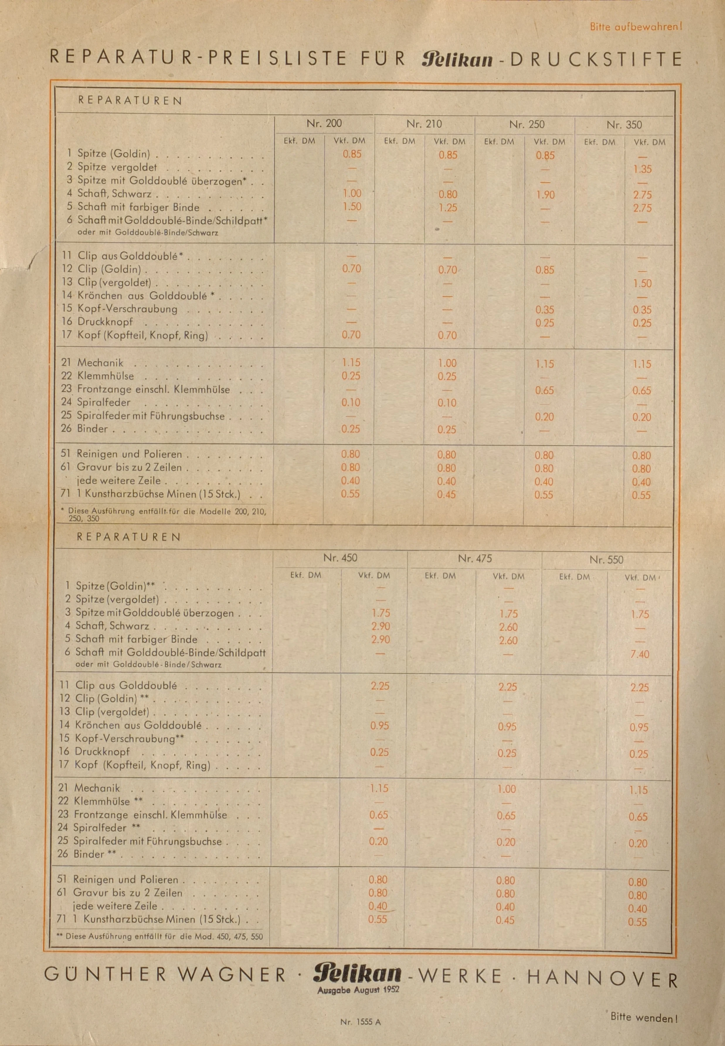 Reparaturpreisliste für Pelikan Druckstifte Reparaturpreisliste für Pelikan Druckstifte