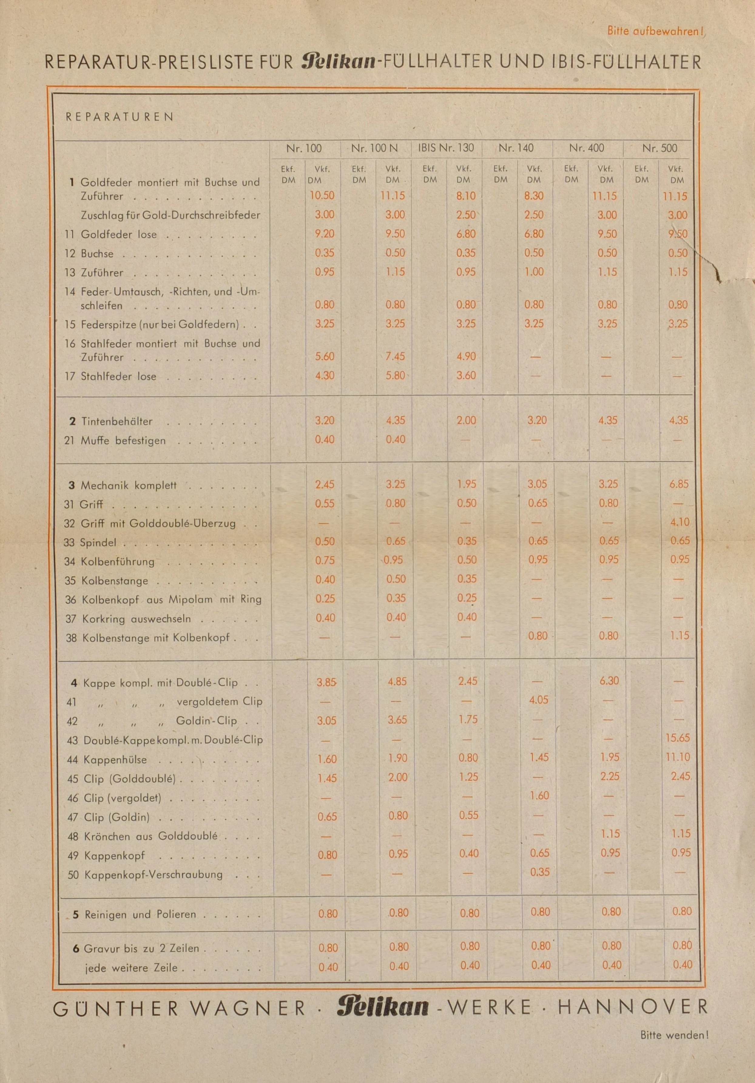 Reparaturpreisliste für Pelikan und IBIS Füllhalber Reparaturpreisliste für Pelikan und IBIS Füllhalber